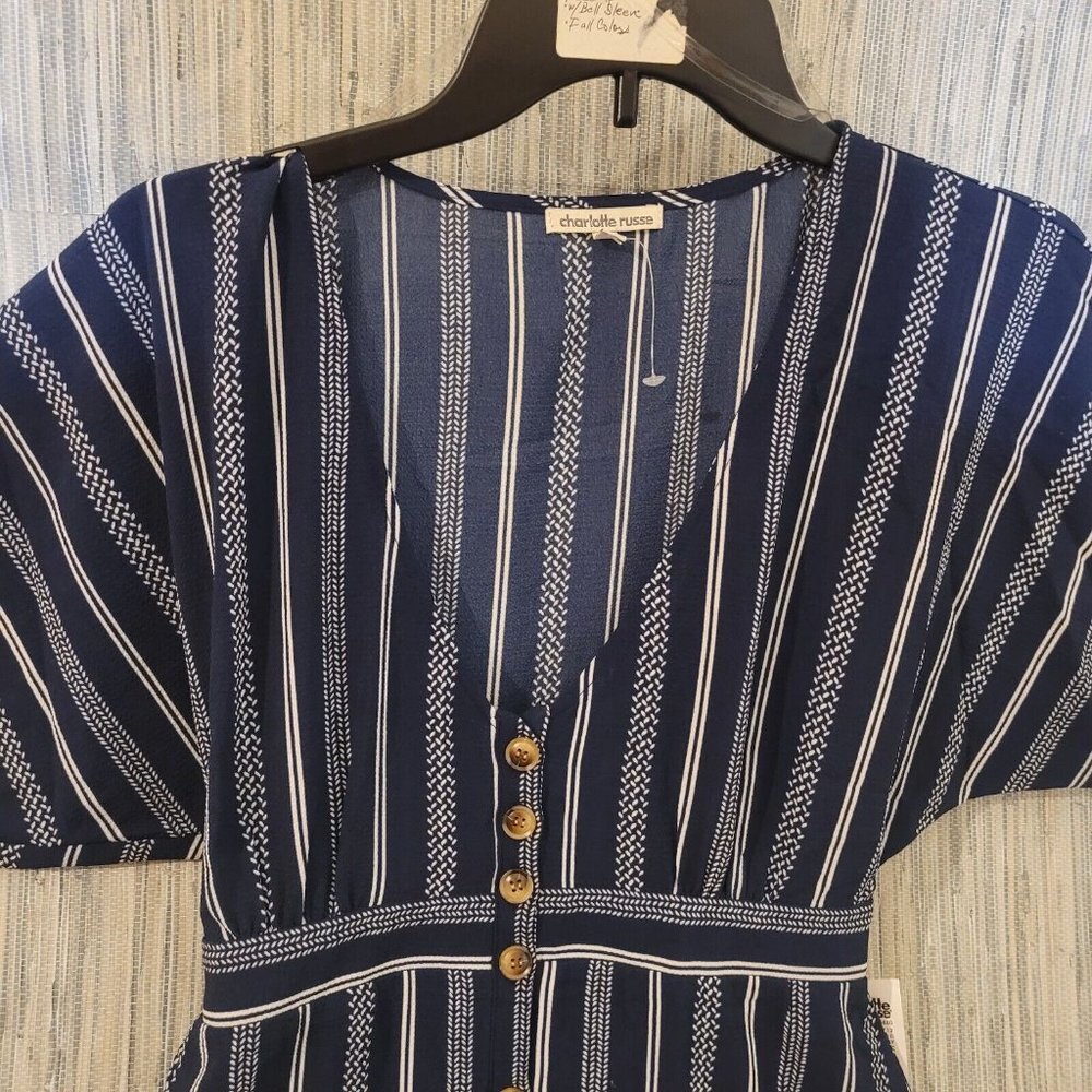 NWT Charlotte Russe V Neck Button Up Back Tie Striped Mini Dress Blue Size Small - Picture 4 of 12